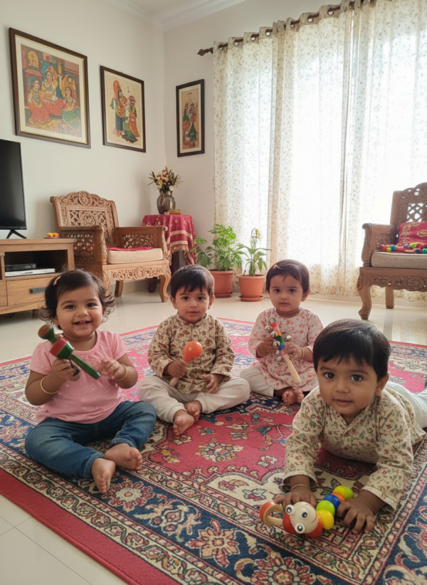 Firefly_Gemini Flash_here there are 4 products in this image and can you place this in 4 babies whoes ages 664339 Baby Sensory Play Combo