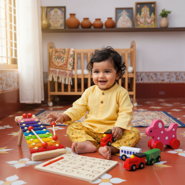 Firefly_Gemini Flash_{_ -prompt-- -A happy Indian baby (around 8–12 months old) sitting on the floor and 428036 Natural Wooden Learning Toy Combo for Kids