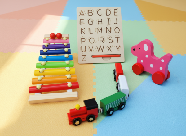 Firefly_Gemini Flash_{_ -prompt-- -Enhance the provided wooden toy product image into a premium website c 87929 Natural Wooden Learning Toy Combo for Kids